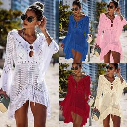 Women's Swimwear Crochet Dress Coverups Beach Vacation Outfits For Women Swimsuit Woman 2023 Boho Clothing Hollow Knit Trumpet Sleeve 230914