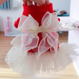 Dog Apparel Pet Clothing Autumn Winter Dress Pearl Lace Gauze Skirt Black And Red Round Neck Woollen Cloth Princess