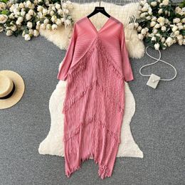 Casual Dresses VANOVICH Vintage Luxury Elegant Tassel Patchwork Pleated A-line Dress Women's Summer Loose Slim Long Pullover