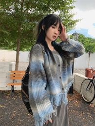 Women's Knits Tees Y2K Tassel Sweater Cardigan Women Harajuku Vintage Tie Dye Knitted Crop Jacket Autumn Korean Loose Gothic Knitwear Top Coat 230912