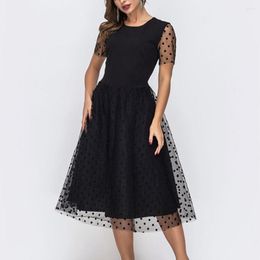 Casual Dresses Summer Women Round Neck Short Sleeve Black Streetwear Elegant Bodycon Partywear Girls Dotted Tulle Dress High Waist Sheath