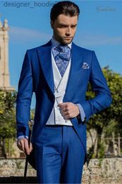 Men's Suits Blazers Morning Style One Button Blue Wedding Groom Tuxedos Peak Lapel Groomsmen Mens Dinner Blazer Suits (Jacket+Pants+Vest+Tie) L230914