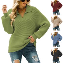 Women's T Shirts Women Lapel V-Neck Sweater Ribbed Knit Oversized Loose Solid Pullover Tunic Top