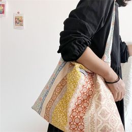 Shopping Bags Retro Women's Colourful Flower Shoulder Bag Striped Printing Patchwork Tote Large Capacity Handbag Casual Crossbody