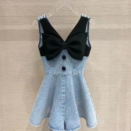 Casual Dresses French Style Denim Bowtie Dress Women's Summer V-Neck Slim Fit Sleeveless A-line Short Fashion Elegant Female Clothes