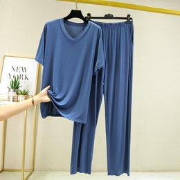 Men's Sleepwear Modal Short Sleeved Pyjamas For Summer Casual Oversized V-neck Long Pants Home Clothing Mens