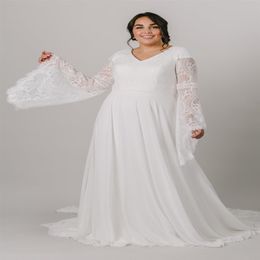 2021 Plus Size A-line Boho Modest Wedding Dresses Long Bell Sleeves V Neck Simple Chiffon Informal Bridal Gowns Bride Gown Custom 201v