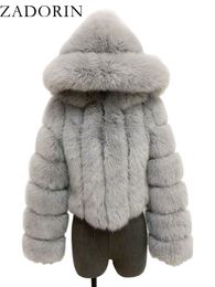 Women's Fur Faux Fur ZADORIN Winter Fur Top For Women Mink Coat Hooded Cropped Faux Fur Coat Women Fluffy Pink White Jacket Faux Fur Coats Outerwears 230915
