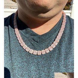 Mens Baguette Tennis Chain Rose Gold Real Solid Icy 1M Cubic Zircon Stones Bling Necklace Hip Hop Jewellery 14- 24Inch