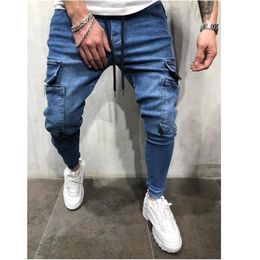 Mens Jeans High Quality Slim Fit Pants Washed Denim Trouser Faux Casual Multipocket Hiphop Dancing 230914