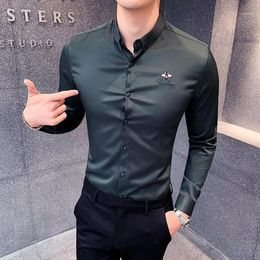 Bee Embroidery Mens Business Shirts Casual Slim Fit Long Sleeve Dress Shirt High Quality Formal Social Black White Shirt Camisa1253A