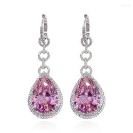 Dangle Earrings Sparkling 925 Silver Pink Sapphire CZ Crystal Topaz Bridal Wedding Long Big Teardrop Jewelry For Brides Gift