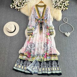 High end retro court style bubble long sleeved deep V-neck waistband slimming single breasted printed chiffon dress