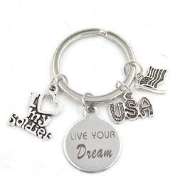 New Arrival Stainless Steel Key Chain Key Ring USA Flag I Love my Soldier Keychain Keyring Soldier Gifts for Men Women Jewelry3091