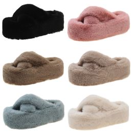 2023 Winter plush slippers women thick bottom warm cotton drag white black blue pink brown color6