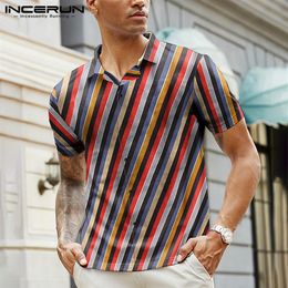 2020 Men Hawaiian Shirt Colorful Striped Streetwear Short Sleeve Summer Lapel Beach Casual Blouse Button Camisa S-5XL INCERUN233b