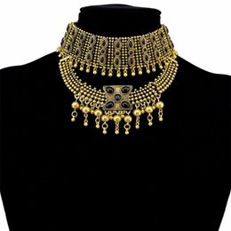 Bohemian Vintage Alloy Black Stone Choker Necklaces For Women Gypsy Tribal Turkish Chunky Necklace Festival Party Jewellery Gift Cho266A