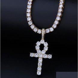 Iced Hip Hop Ankh Cross Pendant W/ 4Mm 18 20 1 Row Tennis Chain Necklace Gold Sier Cubic Zirconia Men Women Hiphop Jewellery Drop Delivery