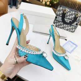 Mach High Heel Party Shoes With Pearls Diamonds Sandals Pointed Toe Ankle Straps Buckles Women Shoes Light Summer Party Dress Pumps