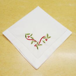 Set of 12 Home Textiles Christmas Dinner Napkins White Hemstitched 100% linen Fabric Table Napkin with Color Embroidered Floral Te243Q