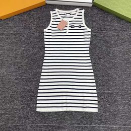 Basic & Casual Dresses Home Knitted Sleeveless Round Neck Black and White Contrast Stripe Dress for Women's Slim Versatile 2023 Summer New Product