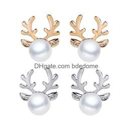 Stud Luxury Pearl Antlers Earrings Christmas Reindeer Elk Animal Rhinestone Crystal Sier For Women Girls Fashion Jewelry Drop Delivery Dhght