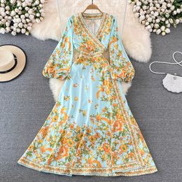 Australian niche deep V-neck waistband slimming print lantern sleeve A-line dress with elegant temperament and large swing long skirt