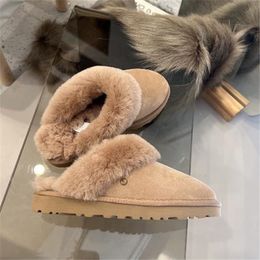 Women Classic Slipper II Snow boots Autumn Winter warm cotton-padded shoes Genuine leather fur integrated cashmere cowhide man WGG Couple style copper buckle