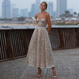 Nuovo Glitter Rosa Paillettes Abito da sera Sweetheart Backless Lunghezza tè Abiti da sposa Lucido 2023 Abiti da cerimonia per feste Robe De Soriee225p