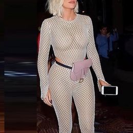 Womens Jumpsuits Rompers Bangniweigou fishnet mesh rompers women slit long sleeve semitransparent bodysuit short jumpsuit overalls autumn winter 230915