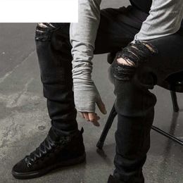 Men's Jeans Fashion Male Straight Slim Fit Biker Pants Distressed Skinny Ripped Destroyed Denim Washed Hip hop Trousers Black316S