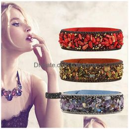 Cuff Korean Gravel Veet Bangle Mti Colour Natural Crystal Stone Wide Leather Wristbands Bracelets For Women Female Fashion Jewellery Drop Dhemo