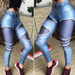 Women's Pants High Waist Mesh Stitching Ripped Holes Fitness Leggings Push Up Imitation Jeans Skinny Women Yoga Female Casual Trousers