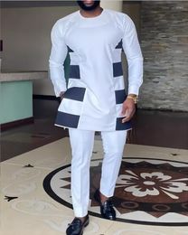 Men's Tracksuits Africa Men Sets For Wedding National Style Pure White Round-neck Suit 2-piece Set 2023 Long Sleeves Tops Pants