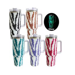 USA warehouse Multicolour rhinestone bling studded glow in dark Hot Cold water bottle 40oz zebra stripe tumbler with handle lid and straw ready to ship 25 pack