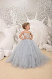 Girl Dresses Sleeveless Dusty Blue Flower Tulle Appliques Long Wedding Party Birthday Robe Pageant Holy First Communion Gowns