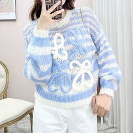 Women's Sweaters Early Autumn New Blue and White Stripe Hollow Pullover Wool Knitted Sweater Long Sleeve Round Neck Striped for Women