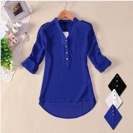 Women's Blouses Shirts Summer Elegant Long Sleeve V-neck Silk Women Chiffon Blouses Solid Blue Black White Blouse Ladies Shirts Female Blusas 230915