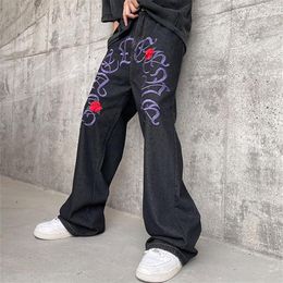 Men's Jeans 2022 Fashion Rose Embroidery Black Baggy For Men Y2K Pants Straight Hip Hop Harajuku Denim Trousers Pantalones Ho2505