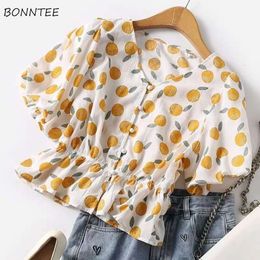 Women's Blouses Shirts Blouses Women Summer Sweet Fashion Orange Printed Crop Top Lantern Sleeve Ruffles V-Neck Womens French Shirts Elegant 230915