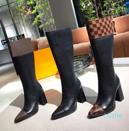 High heeled boots women shoes leather zipper letter designer shoe lady Heels Flat knee boot size 35-41 With box