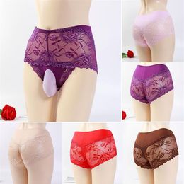 Underpants Mens Gay Sheer Sexy See Through Lingerie Sissy Pouch Panties Lace Mesh Breathable Boxer Shorts Briefs Thong Underwear218S