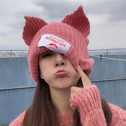 Beanie/Skull Caps Knitted Cat Ear Knit Hat Double-layer Warm Pig Ear Woollen Hat Cute Fashion Hooded Cap Hip-hop Personality Winter Hat hot 230914