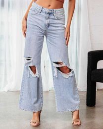 Women's Jeans 2023 European And American Knee Torn Straight Tube Light Washed Pants