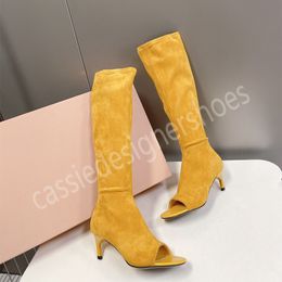 Peep Toe Salto alto Designer Sandálias Verão Cor Sólida Camurça Moda Senhoras Zip Vestido Sapatos Deslizamento em Senhoras Botas Chinelos Slide Feminino Sexy Eleagant Party Shoes 2023