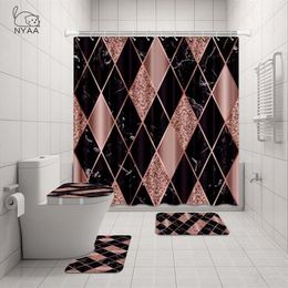 NYAA 4 Pcs Mosaic Decoration Shower Curtain Pedestal Rug Lid Toilet Cover Mat Bath Mat Set For Bathroom Decor Y200407252U