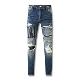 Men's Jeans Men Denim Pants High Street Blue Distressed Patchwork Patch Letter Jeans