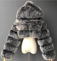 Women's Fur Faux Fur Fashion Hooded Faux Fur Coat Women 2023 Winter High Quality Warm Furry Overcoat Elegant Plush Crop Jacket T230915