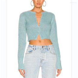 Women's Sweaters Crop Cardigan Women Fall Fashion Sweater Vintage Crochet Top Korean Long Sleeve Knitted Cropped Blue