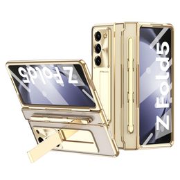Plating Transparent Phone Case for Samsung Galaxy Z Folding Fold3 Fold4 Fold5 5G Sturdy Hinge Protection Clear Membrane Kickstand Fold Shell with Stylus Pen Slot